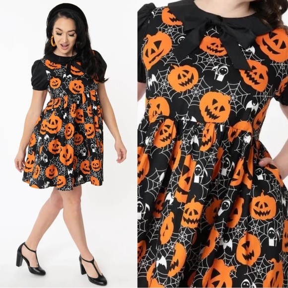 Unique Vintage Dresses & Skirts - Unique Vintage Pumpkins & Spiderwebs Arden Babydoll Mini Dress Small NEW